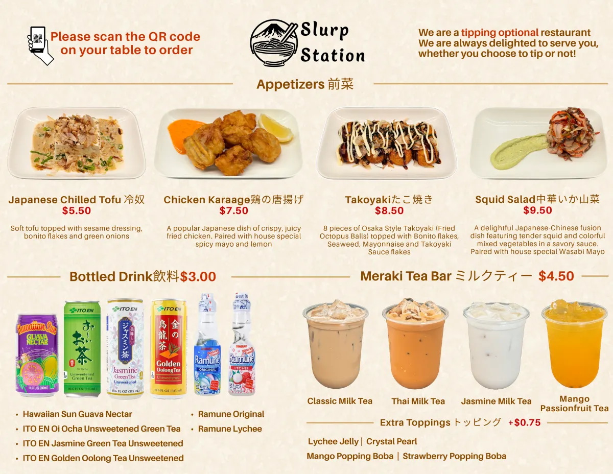 Slurp Station Aburasoba menu — page 2 showing seasonal items and sides